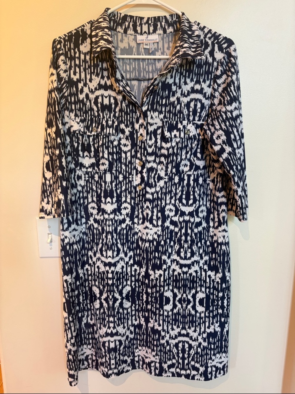 Jude Connally Navy and White Printed Collared Shirt Dress medium
